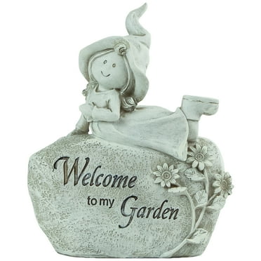Northlight 8.75" Garden Kids Ivory "Welcome To My Garden" Girl on Rock Outdoor Patio Garden Statue