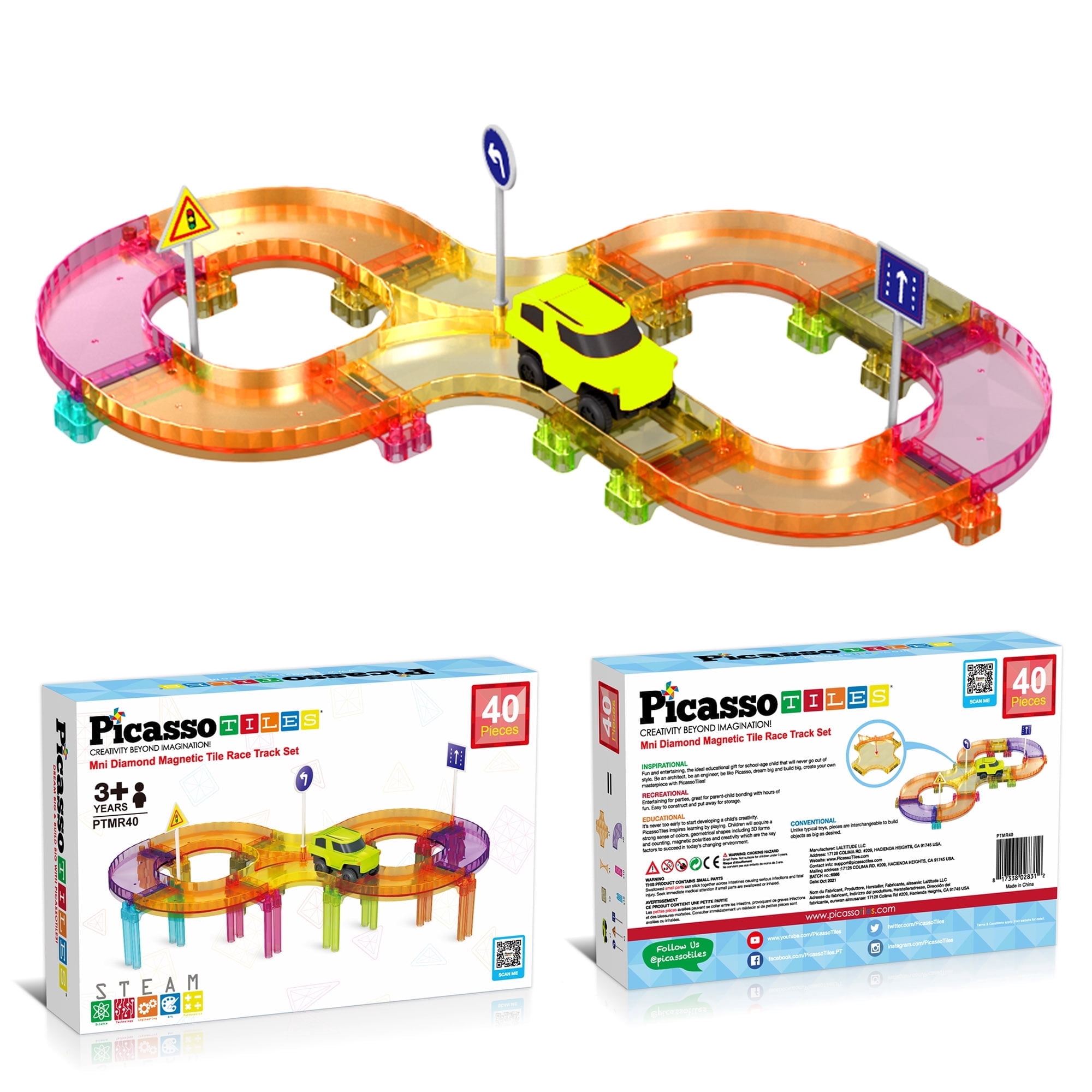 PicassoTiles Mini Magnetic Race Track Tiles for Kids – 40PCS STEM Construction Building Blocks Toy Set with Racing Car, Travel Size