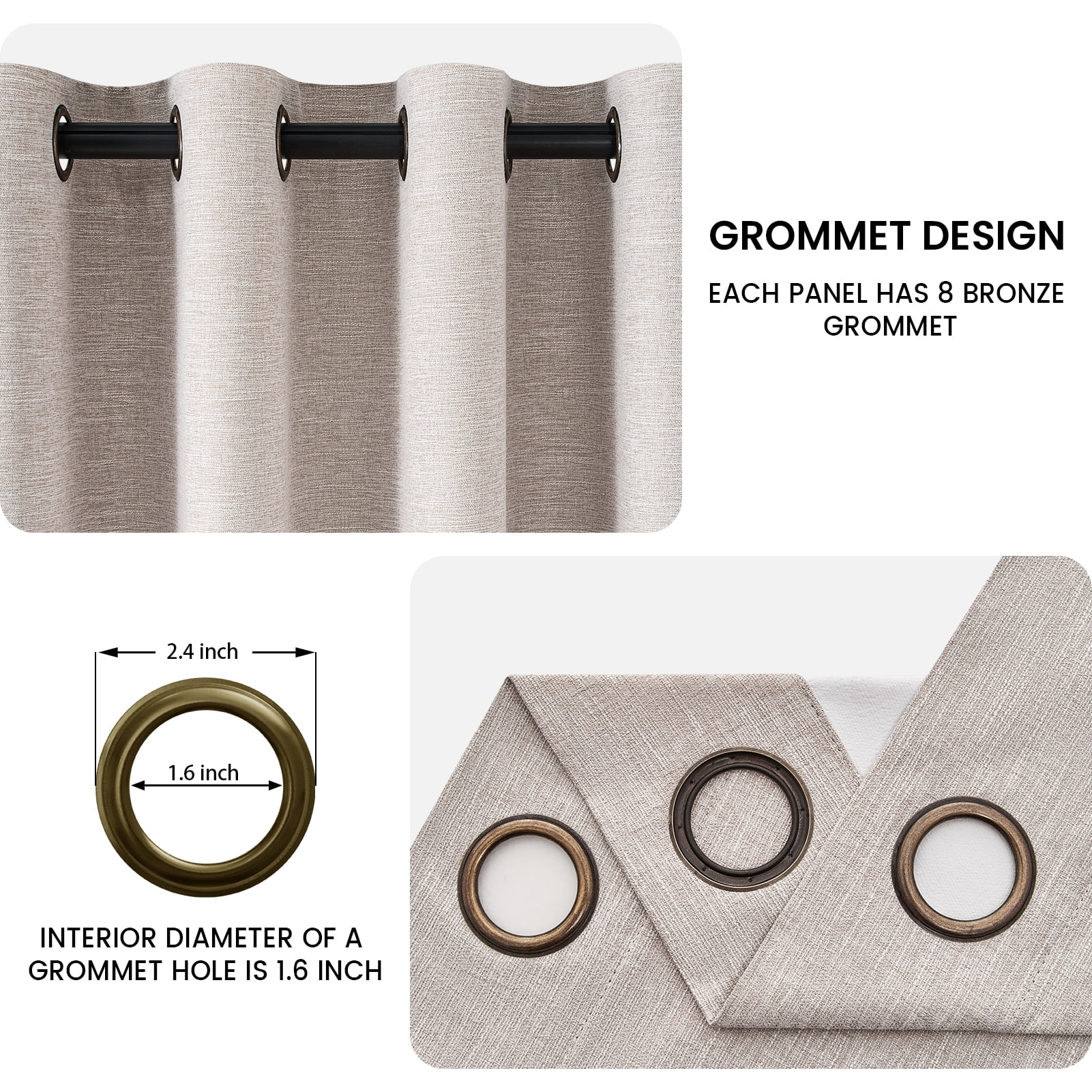 Top Finel Grommet Top Blackout Curtains, Linen, 52" x 90", 2 Panels