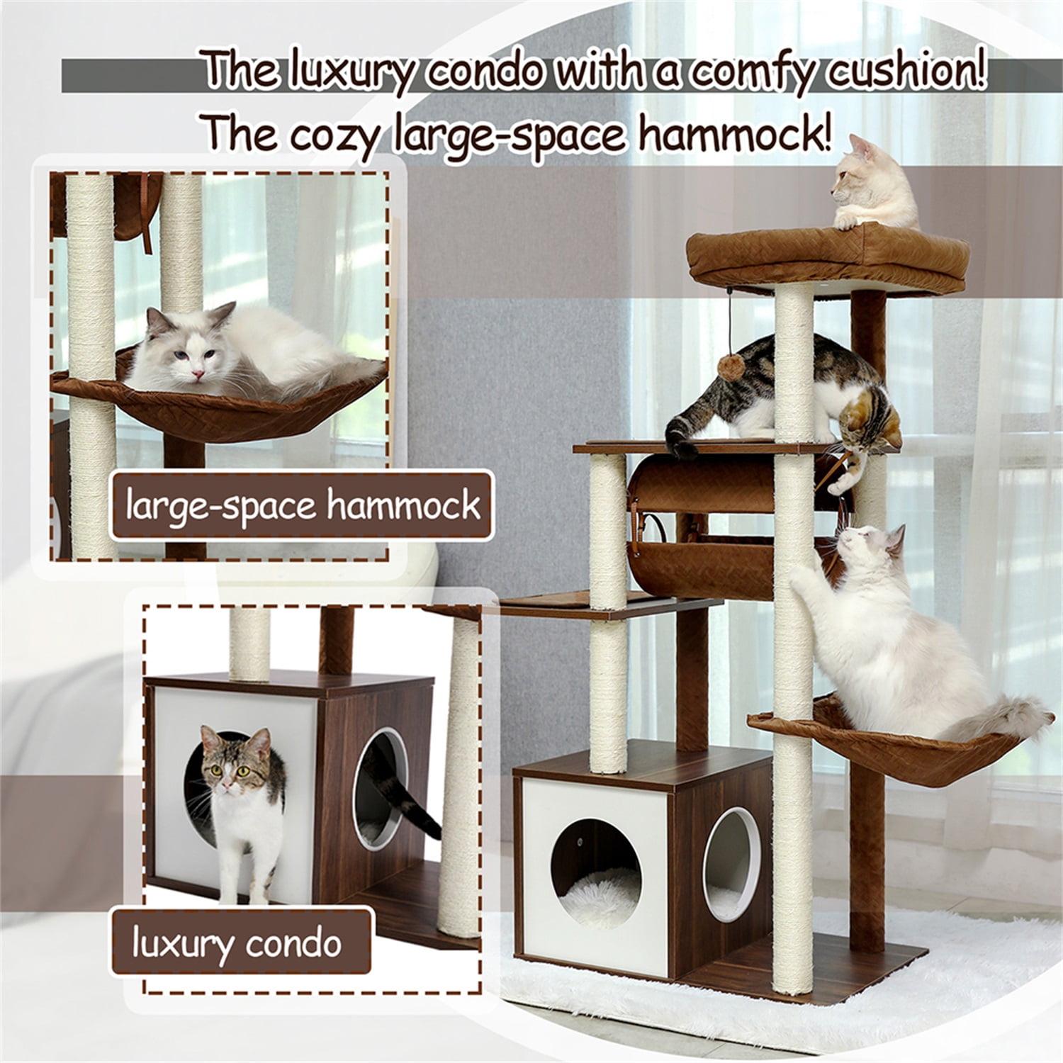 Pefilos 51.4 Inches Modern Cat Tree 6 Levels Wooden Cat Tower with Sisal Covered Scratching Posts, Cozy Condo, Spacious Perch, Hammock and Swing Tunnel for Indoor Cats, Brown Pefilos 51.4 Inches Modern Cat Tree 6 Levels Wooden Cat Tower with Sisal Covered Scratching Posts, Cozy Condo, Spacious Perch, Hammock and Swing Tunnel for Indoor Cats, Brown