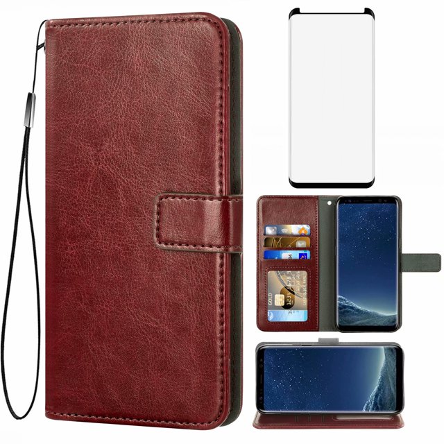 Mobile Phone Cover for Samsung S8, Cover Premium Pu Leather Tpu Flip Cover Magnetic Closure Card Compartment Stand Function Wallet with Lanyard Protective Cover