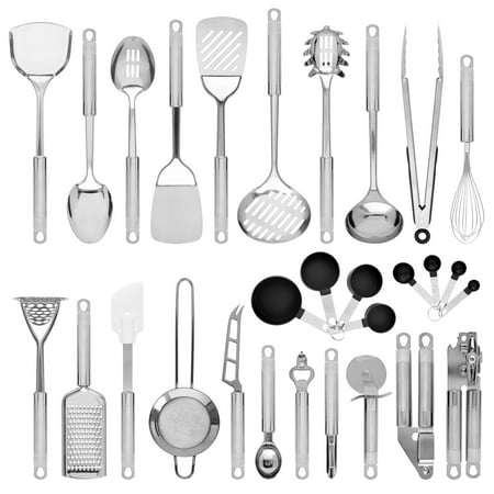 Stainless Steel Serving Utensils Best Choice Products Set of 29 Stainless Steel Kitchen Cookware Utensils Set w/ Spatulas, Can and Bottle Openers, Measuring Cups, Whisk, Ladles, Tongs, Pizza Slicer, Grater, Strainer - Silver ()