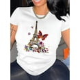 thumbnail image 1 of Women's Stylish Eiffel Tower & Butterfly Floral Print T-Shirt - Soft Polyester Blend, Casual Round Neck Short Sleeve Tee for Summer, Lightweight & Comfortable Fit, Leisure Apparel | Paris Theme Appar, 1 of 5