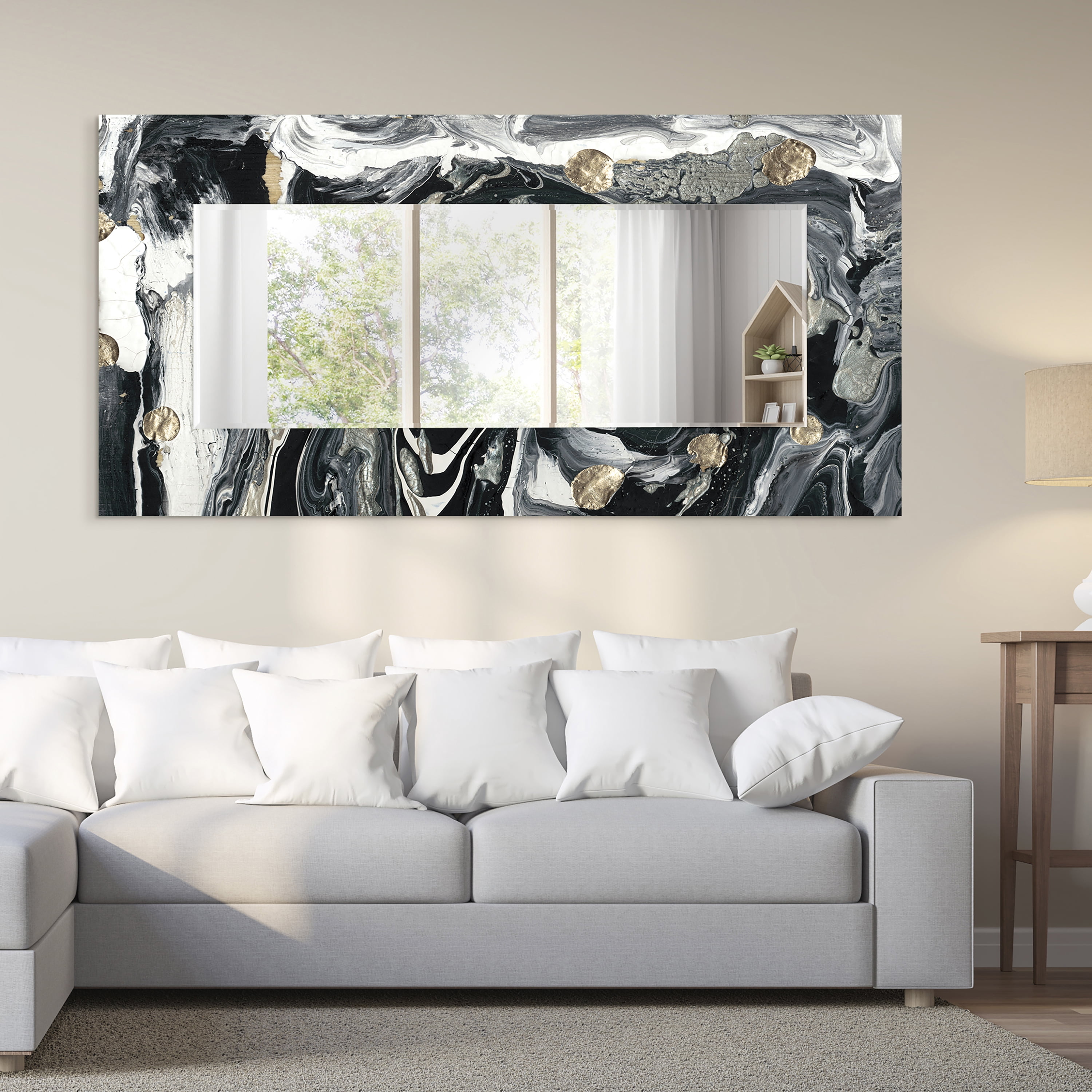 Empire Art Direct Ebony & Ivory Rectangular Beveled Mirror on Free Floating Reverse Printed Tempered Art Glass, 72" x 36" x 0.4", Ready to Hang