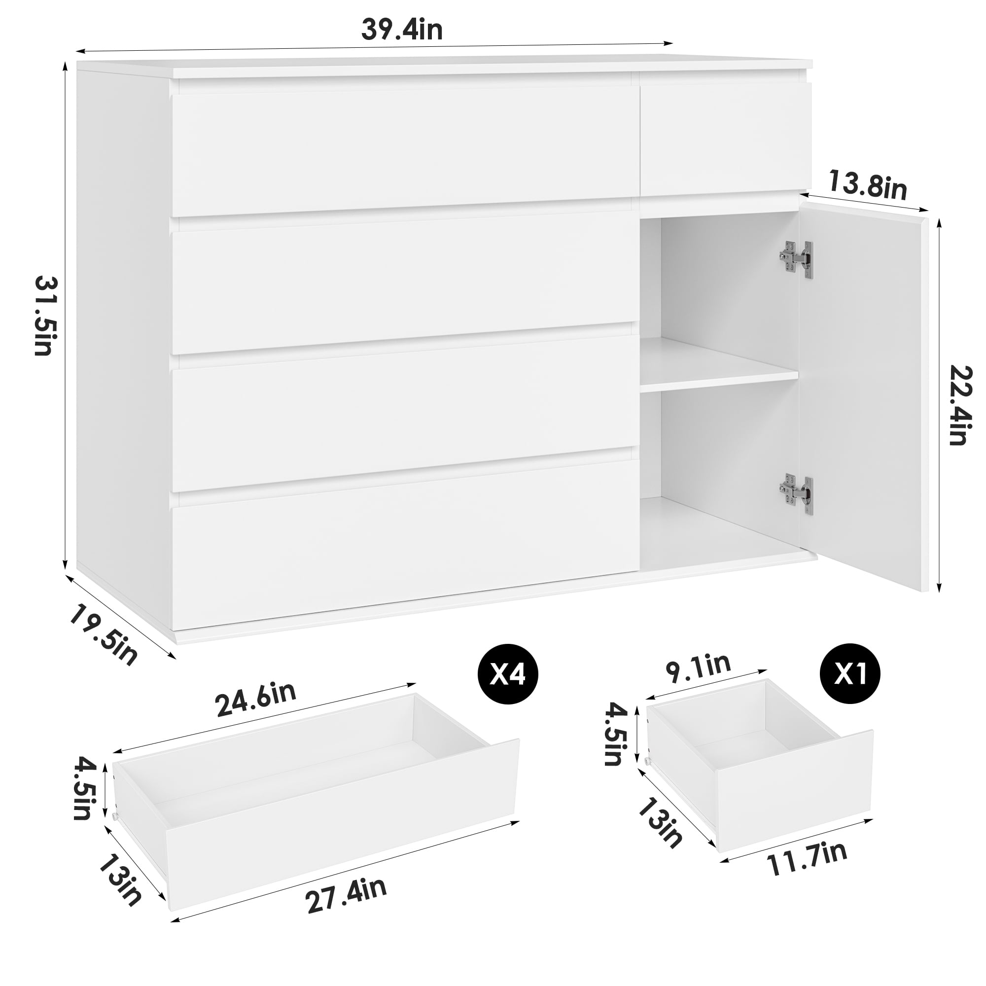 Homfa 5 Drawer White Dresser with Door, Modern Accent Storage Cabinet Chests of Drawers for Bedroom Living Room