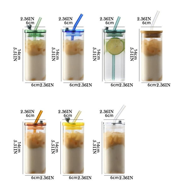 Xetio Iced Coffee Cups with Lids, Insulated Tumbler with Straw, Glass Tumbler with Lid, Coffee Juice Cup, Square Mouth Glass, 350ML Glass Cups with Lids and Straws