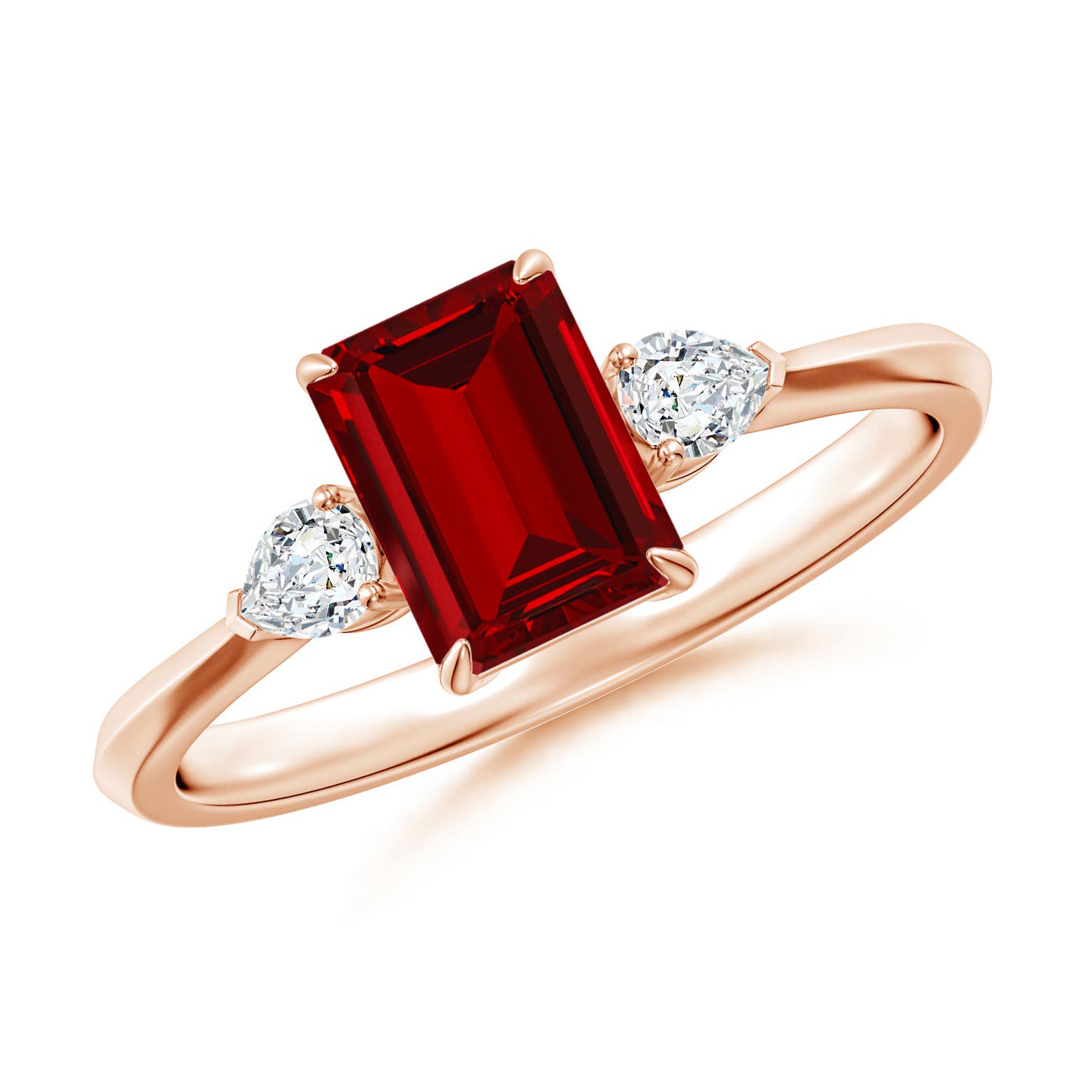ANGARA Lab Grown 1 Ct Ruby and Pear Diamond Three Stone Engagement Ring for Women in 14K Rose Gold (Size-7x5mm) | July Birthstone, Anniversary, Jewelry Gift for Women | Lab-Grown Ruby Ring