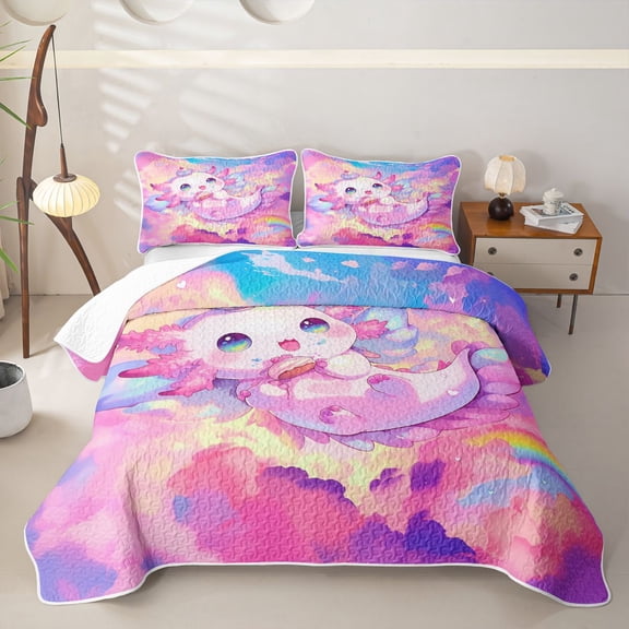 Manfei Dreamy Axolotl Twin Quilt Set,Rainbow Cloud Art Twin Coverlet Set For Girls,Pastel Multicolor,2pcs