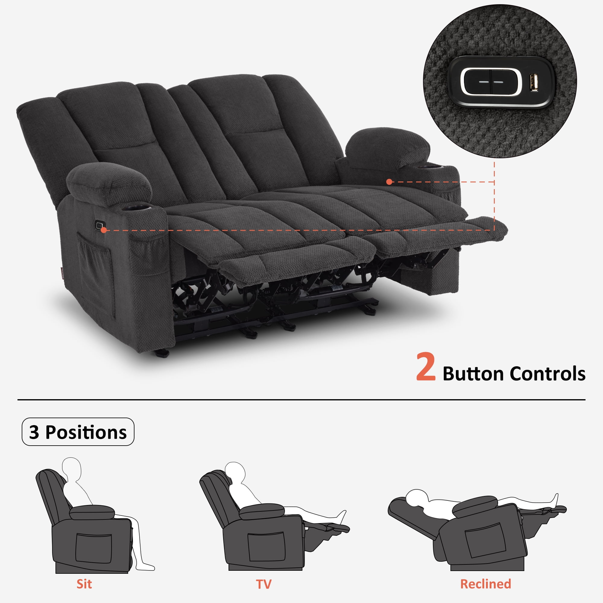 MCombo Power Loveseat Recliner w/ Massage USB Port for Living Room Gray Fabric 6025