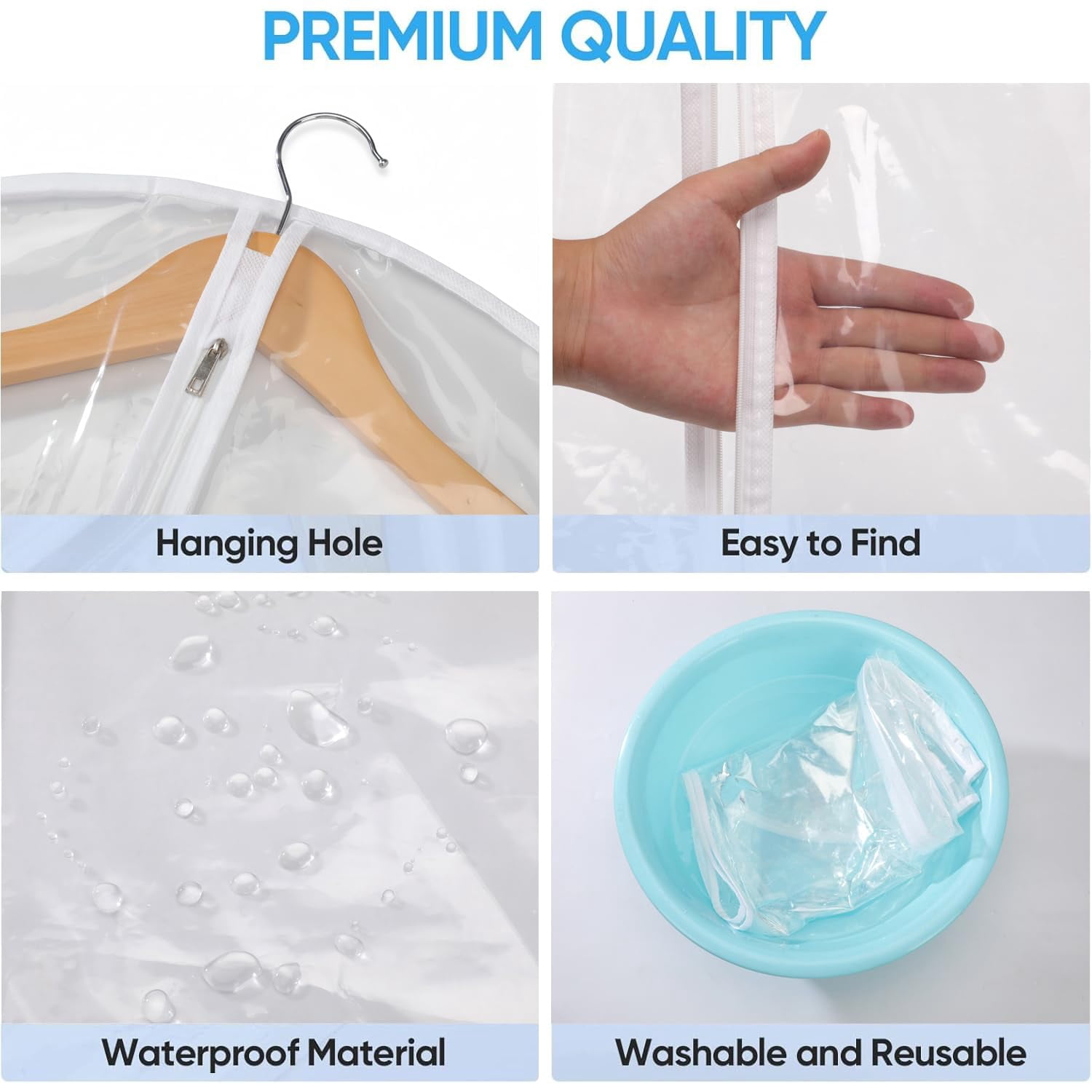 10PCS All Clear Garment Bags for Travel - Waterproof Suit Cover with Zipper for Hanging Clothes, Dresses, Coats - Durable Dresser for Closet Storage, Dustproof & Moisture Resistant