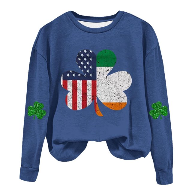 AherBiu Chandails en Molleton de la Saint-Patrick pour Femmes Col Rond Manches Longues Imprimé Trèfle Doublé en Polaire Vêtements de Printemps