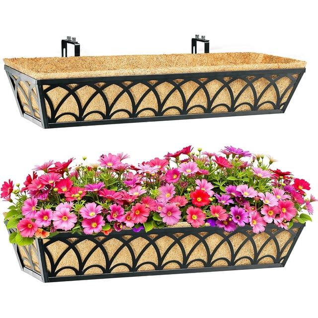 30 Inch Railing Planter Box Window Boxes Planters - 2 Pack Deck Railing Planter Boxes with Adjustable Brackets Coco Liners Balcony Planters Railing Hanging for Window Flower Boxes Outdoor Garden
