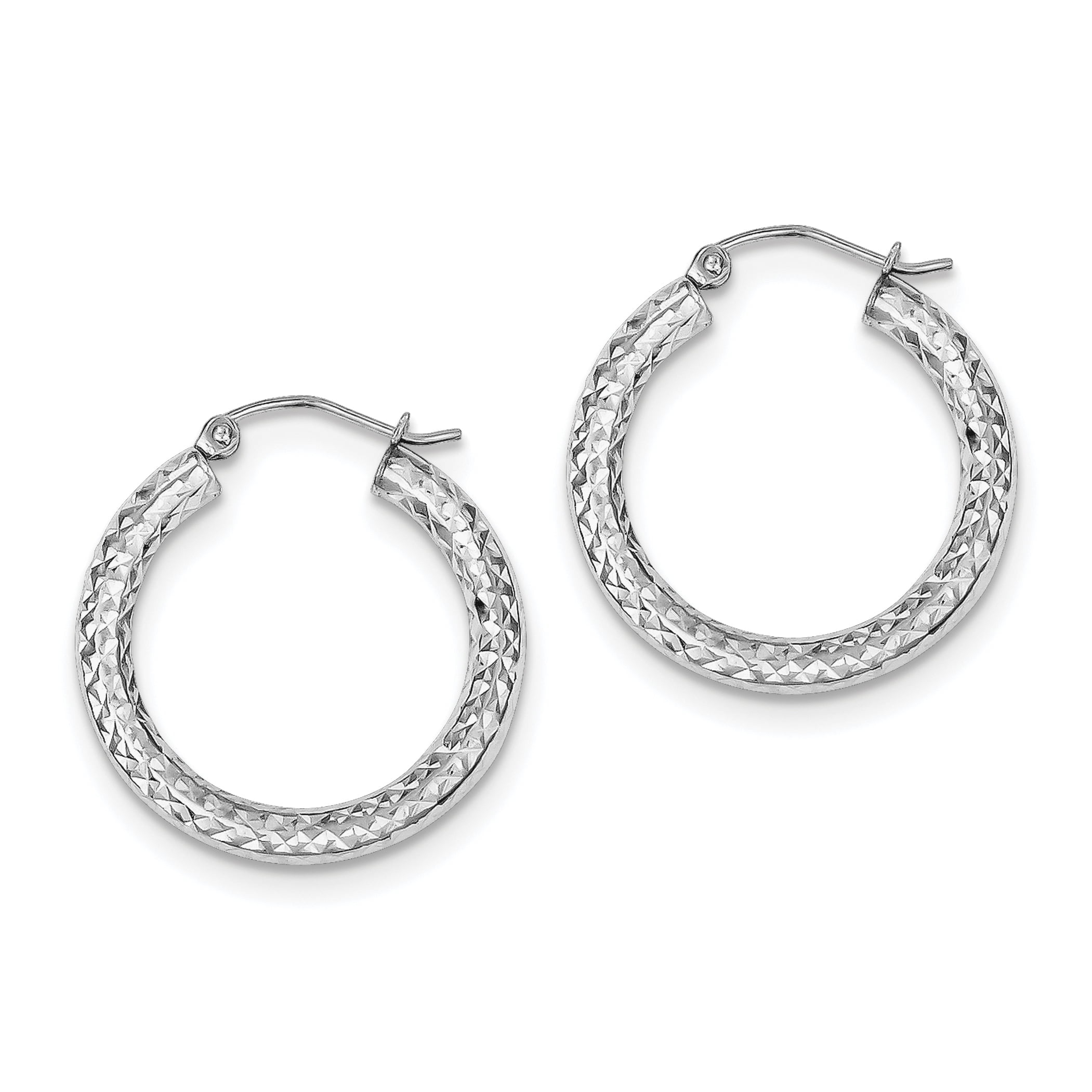 Beautiful Sterling Silver Rhodium Plated Diamond Cut 3x20mm Hoop Earrings Beautiful Sterling Silver Rhodium Plated Diamond Cut 3x20mm Hoop Earrings