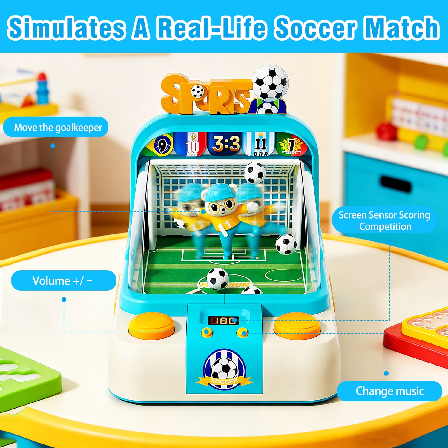 Kids Interactive Soccer Game Machine with Moving Goalkeeper, Lights & Sounds, Tabletop Football Toy for Boys Girls Ages 3+（BLUE)