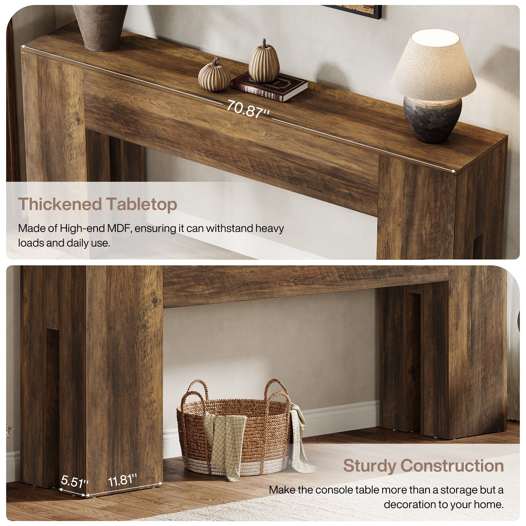 Finmind 71-Inch Long Console Table for Entryway, Farmhouse Sofa Console Behind Couch, Entry Table for Hallway, Foyer, Living Room, Rustic Brown