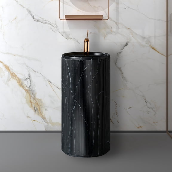 MEDUNJESS 34" Tall Freestanding Textured Solid Surface Pedestal Bathroom Sink,Premium Circular Bathroom Sink with Faucet Hole & Inspection Port(Black)