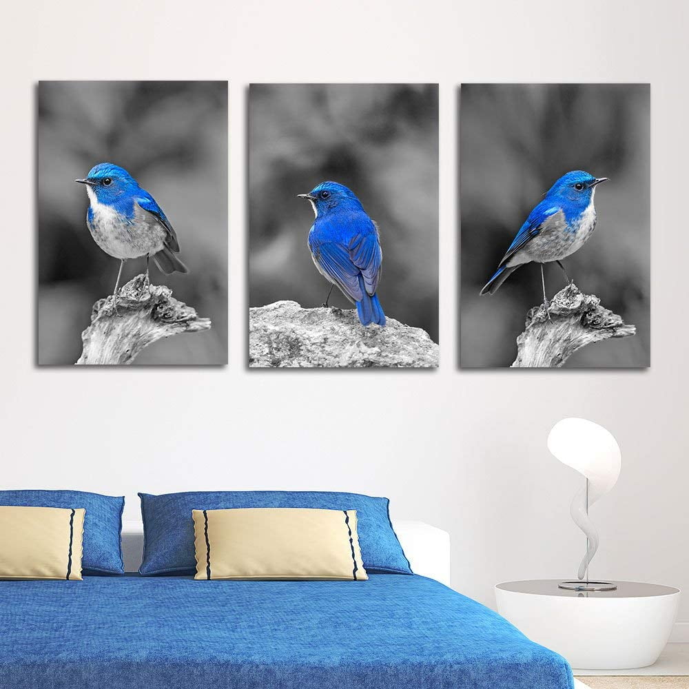 wall26 3 Panel Canvas Wall Art Color Splash of Blue Bird with Black