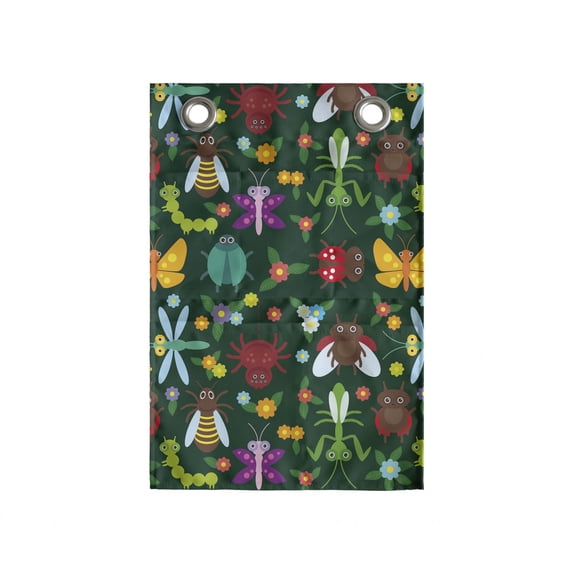 Cartoon Hanging Pocket Organizer, Forest Bugs Spider Butterfly Beetle Dragonfly Mantis Wasp Ladybug Flowers, Printed Polyester Storage Bag with Pockets, 14" x 20", Emerald Multicolor