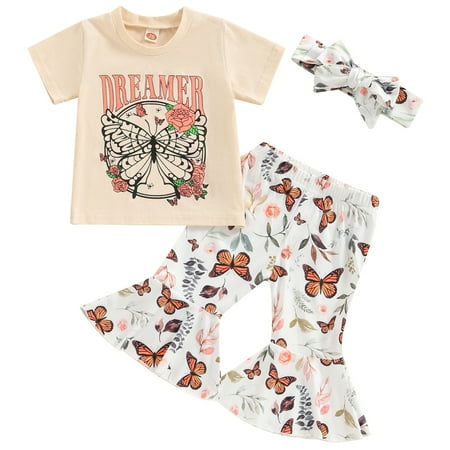 

Kids Baby Girls Summer Outfits Set Butterfly Print Short Sleeve T-Shirt Flare Pants 3 Piece Clothes