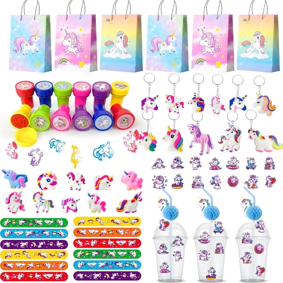 Unicorn Party Favors for Girls,134pcs Unicorn Birthday Party Favors Set - Unicorn Goodie Bags & Unicorn Slap Bracelet & Unicorn Stickers Keychain Stampers Rings etc Unicorn Themed Party Favors