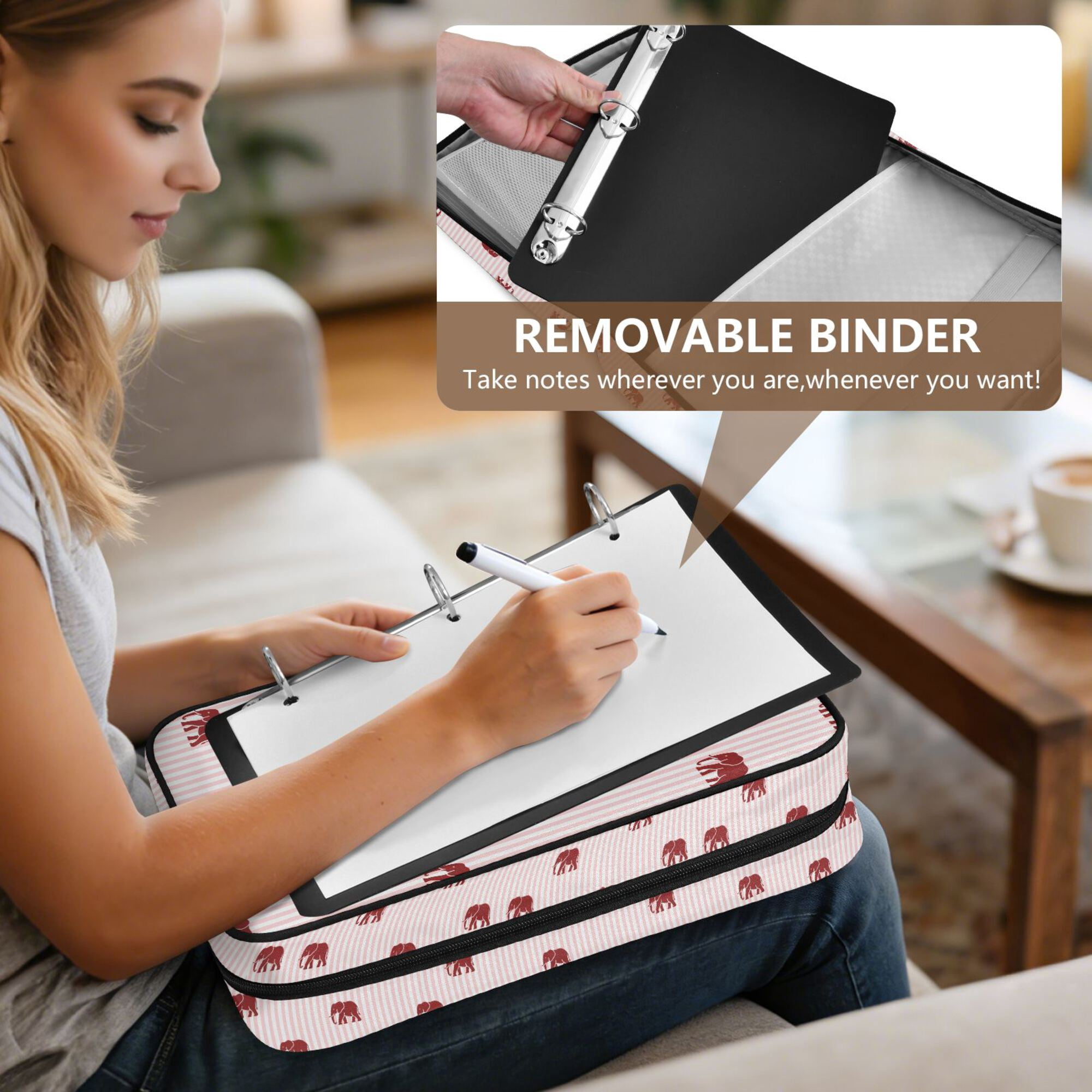 FORMRS Accordion File Folder A4 Size 7-Pocket Expanding Document Organizer Bag with 3 Ring Binder, Cartoon Elephant Pattern