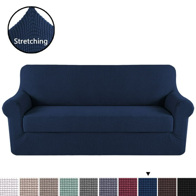 H.VERSAILTEX 2-Piece Jacquard Spandex Sofa Stretch Slipcover, Navy