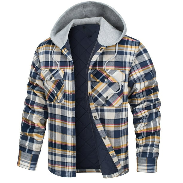 Chaqueta con capucha para hombre, camisa de franela a cuadros gruesos, abrigo de algodón de invierno de manga larga con forro acolchado y bolsillos