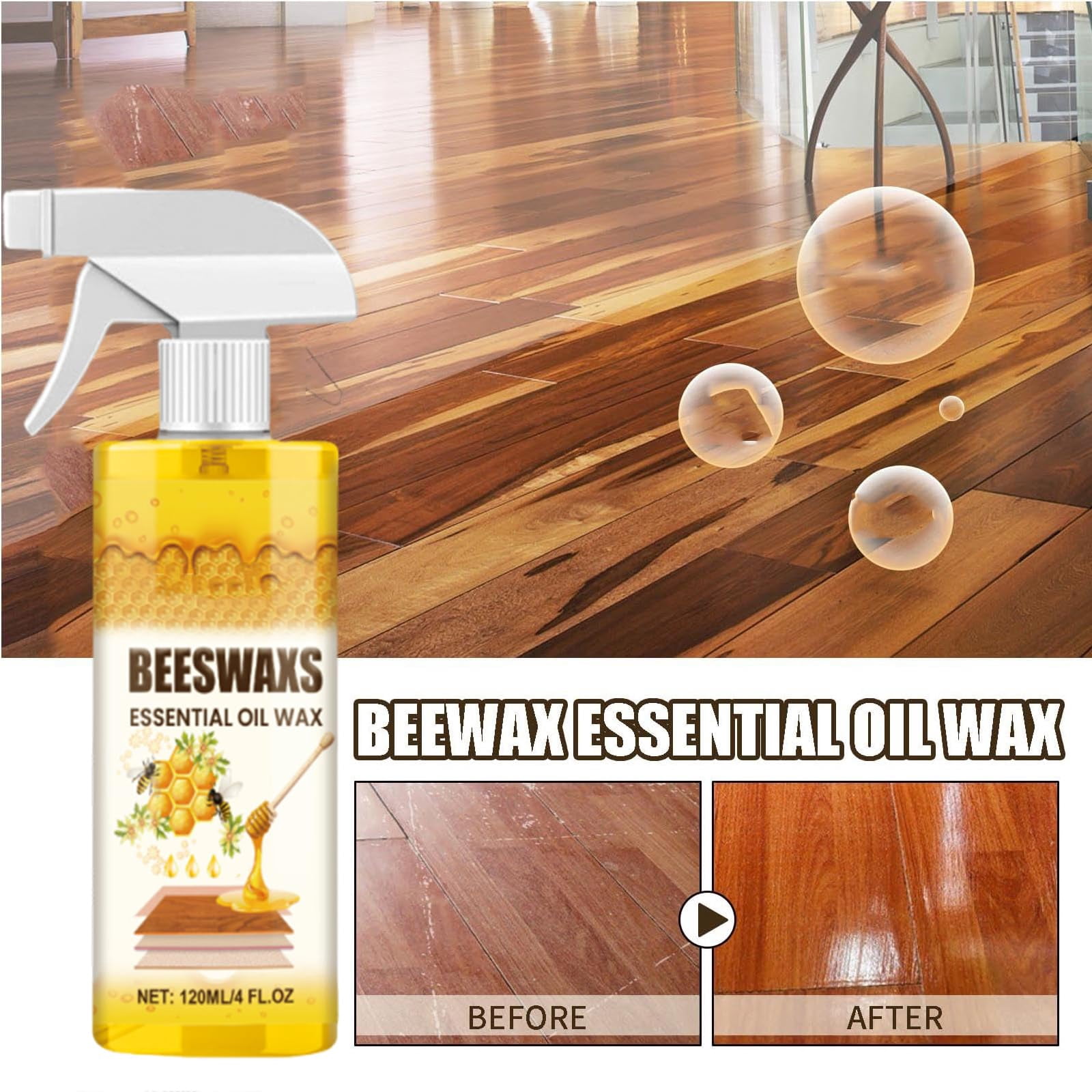 Beeswax Wood Polish Spray for Furniture and Floors, Natural Wood Seasoning Beeswax Cleaner for Tables and Cabinets, 4 fl oz