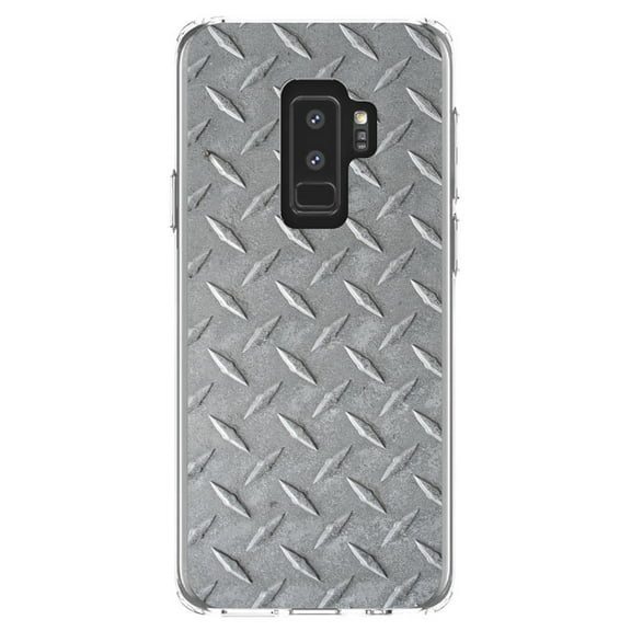 DistinctInk Clear Shockproof Hybrid Case for Samsung Galaxy S9  PLUS (6.2" Screen) - TPU Bumper, Acrylic Back, Tempered Glass Screen Protector - Grey Diamond Plate Steel Image - Printed Diamond Plate