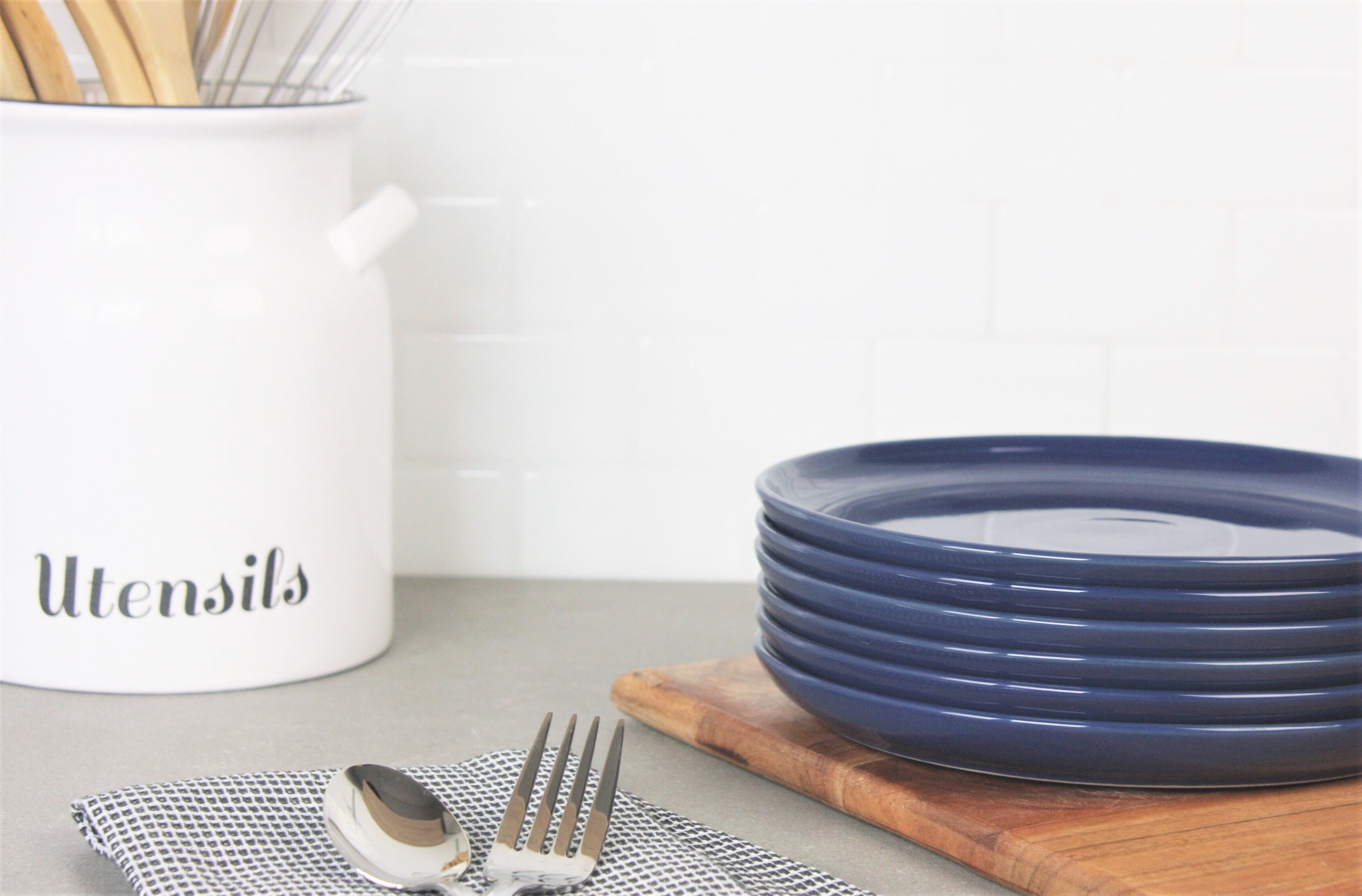 10 Strawberry Street Double Line 8.25" Round Stoneware Salad Plate, Set of 6, Cobalt Blue