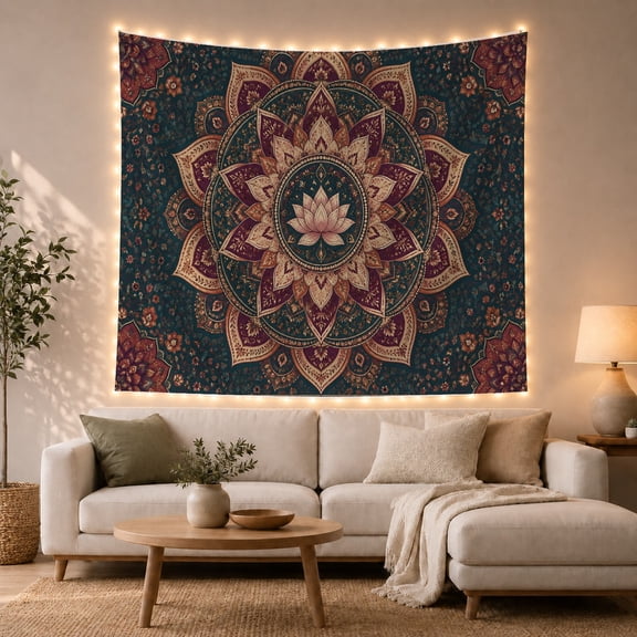 Lotus Mandala on Dark Floral Background, Calming Boho for Meditation Enthusiasts, Spiritual Wall Art, Housewarming Gift, Tapestry Wall Hanging for Meditation Room and Bedroom