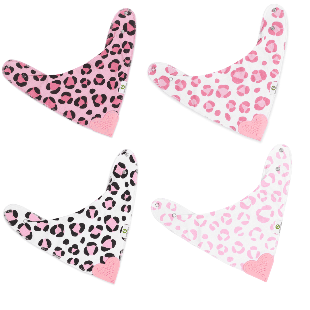 Baby Girl Bandana Bibs with Heart-Shaped Teether, 4 Pack, Pink Leopard/Cheetah Print