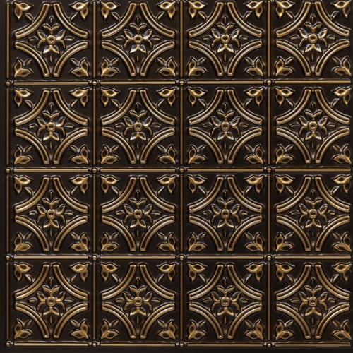 From Plain To Beautiful In Hours 150 Gothic Reims PVC 2' x 2' Glue-up Ceiling Tile (Covers / 100 sq.ft), Antique Gold, 25 Piece