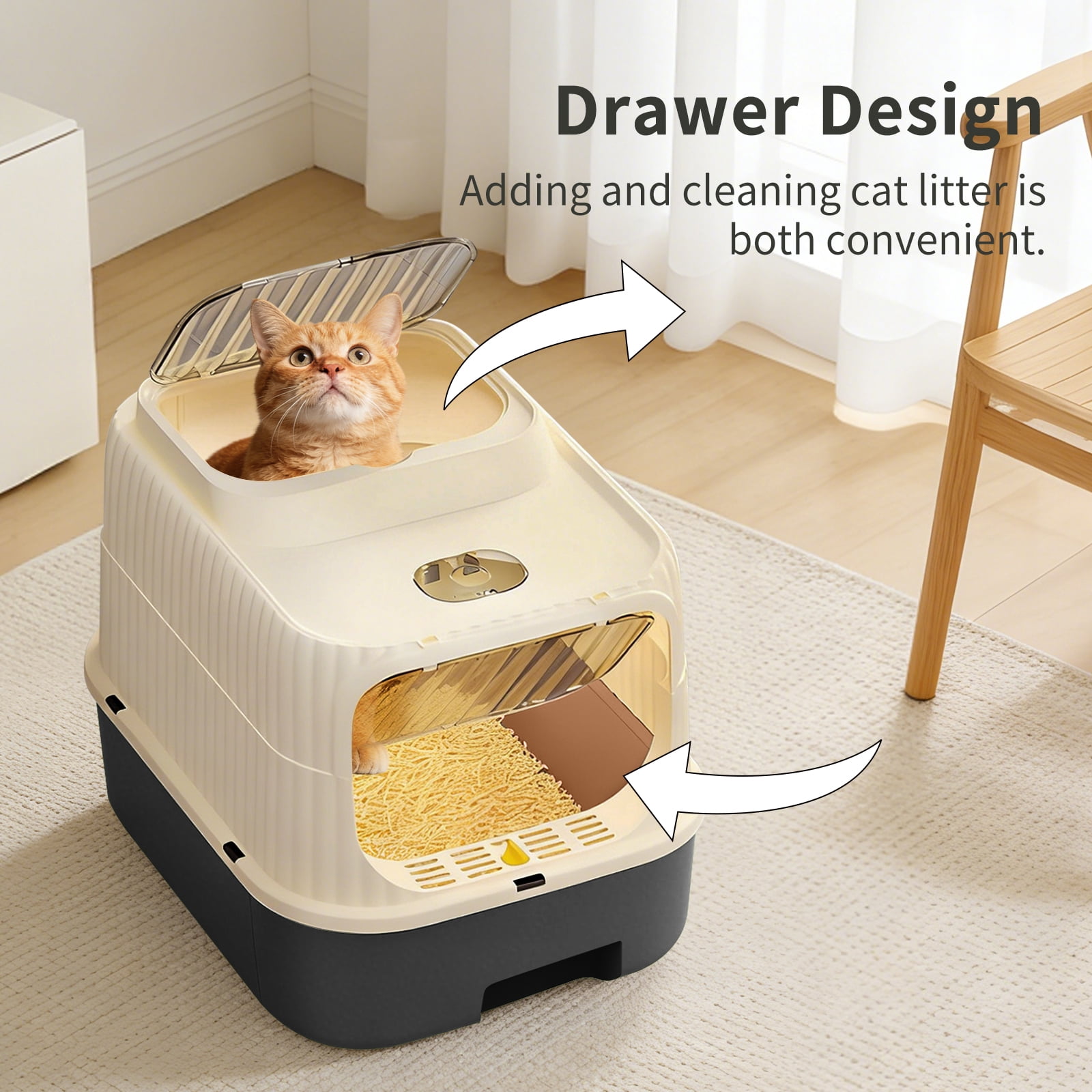 Black Fully Enclosed Cat Litter Box, Drawer Type Odor-Locking Litter Pan with Anti-Splash Design, Easy Clean Removable Cat Litter Tray for Cats of All Sizes, Multi-Cat Household