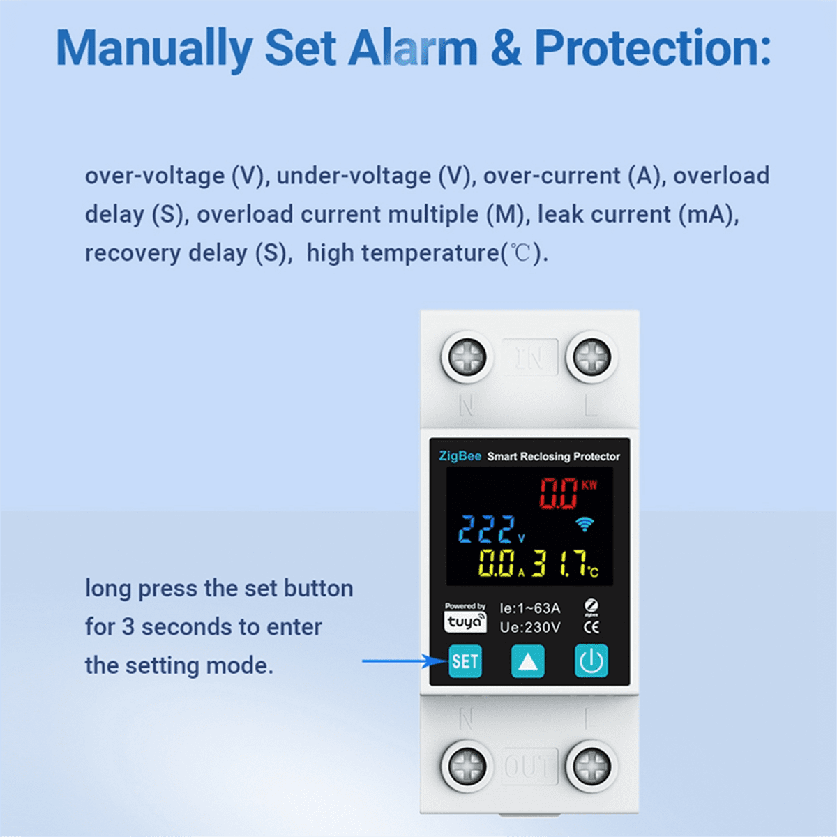 ZigBee TUYA Smart Life 2P/63A Circuit Breaker Earth Leakage over Under Voltage Protection Protector Relay Energy Meter,1 x Circuit breaker,White