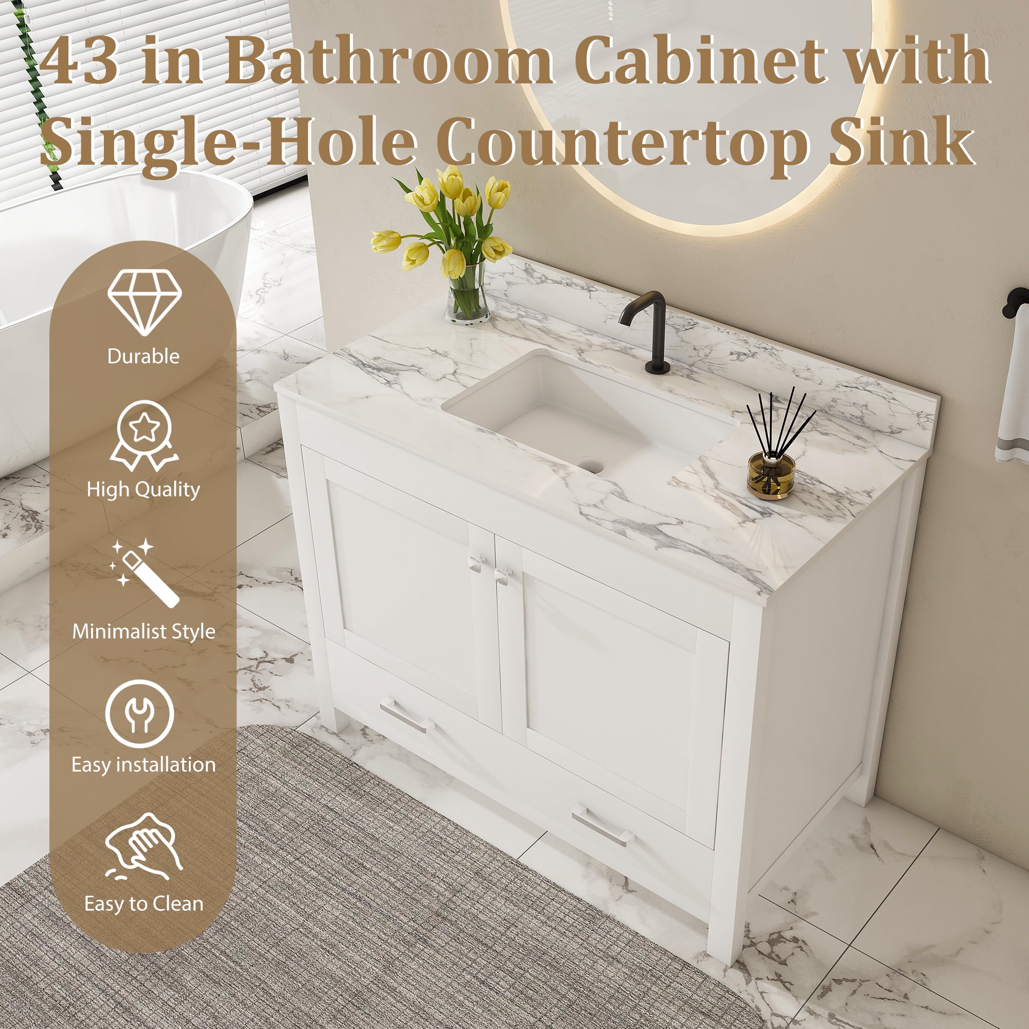 Mintazer 43 Inch Bathroom Vanity Cabinet with Sink, Bathroom Storage Vanity with Drawer & Single‑Hole Ceramic Sink Sintered Stone Countertop, Backsplash for Bathroom, White