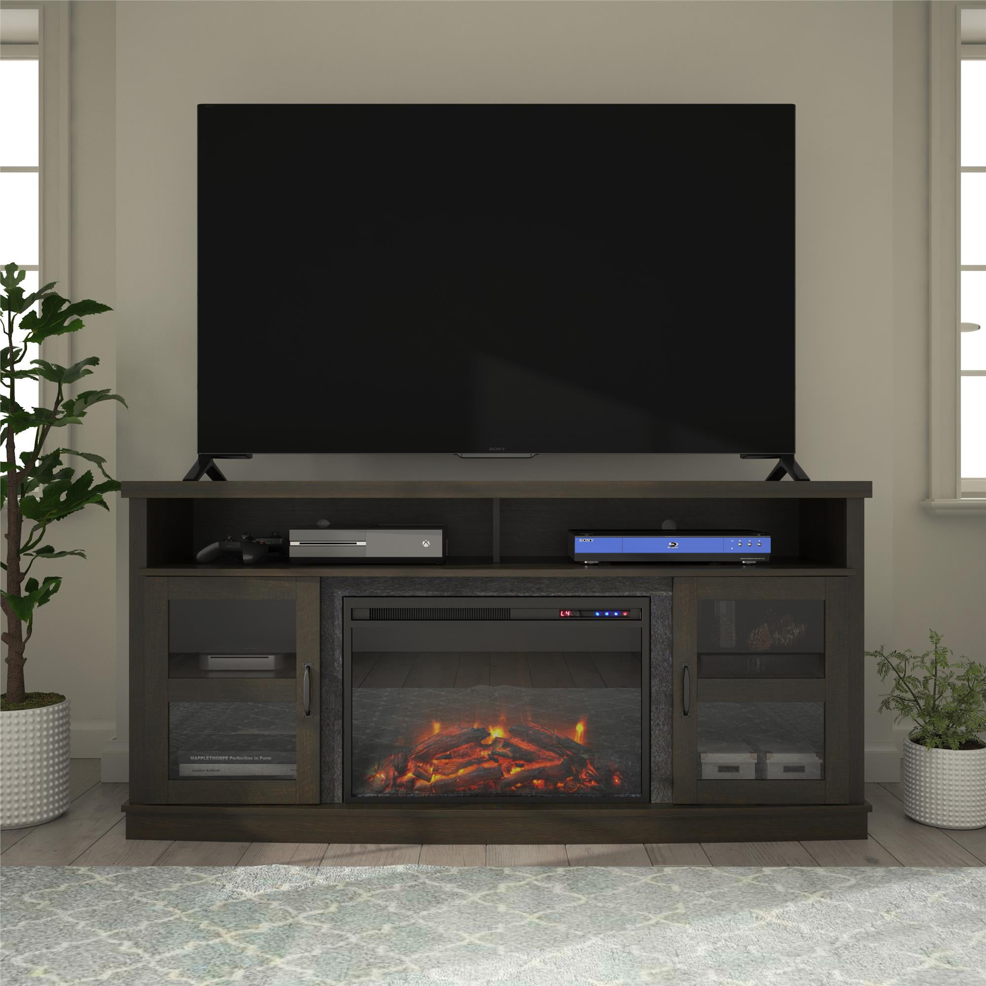 Details about   Fireplace TV Stand for TVs up to 65" Black Oak Mainstays Modern Look Cozy Feel 