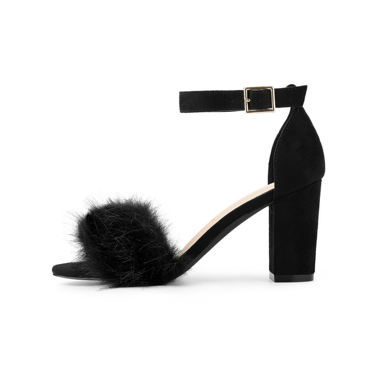 Unique Bargains Women s Ankle Strap Faux Fur Block Heels Sandals