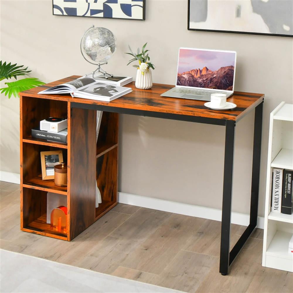 Demi Bonn Computer Desk with 5 Side Shelves and Metal Frame, Small Home Office Desk Study Writing Table, Brown