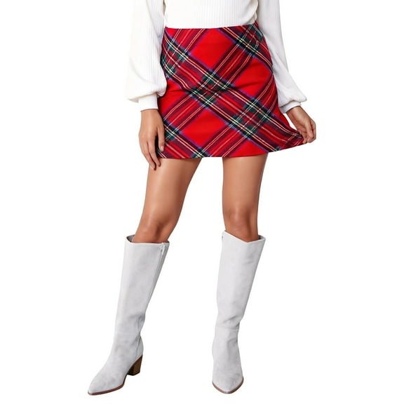 Women Christmas Outfit High Waist Plaid Tartan A Line Mini Skirt with Zipper Closure for Winter Warmth Casual Party and Festive Holiday Attire Red M