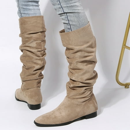 

ERTUTUYI Ladies Fashion Solid Color Flock Wrinkled Pointed Toe Flat Casual Long Boots Khaki 40