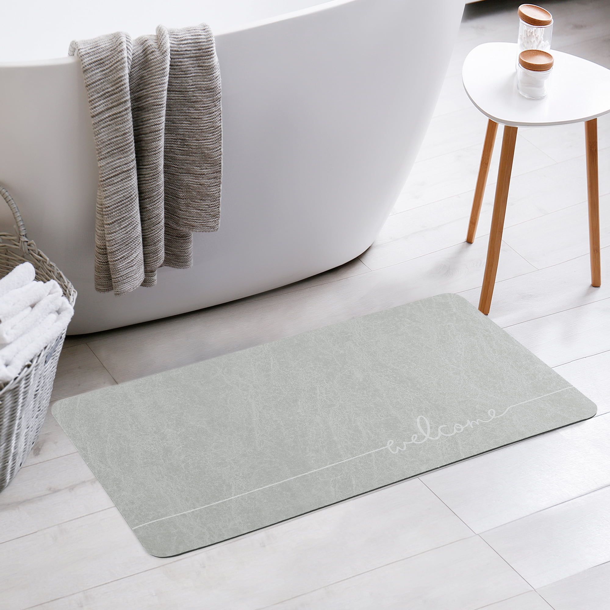 Unique Bargains Absorbent Bath Mat Non-Slip Floor Rug for Bathroom Kitchen Shower Sink Grey Welcome-1 16"x24"