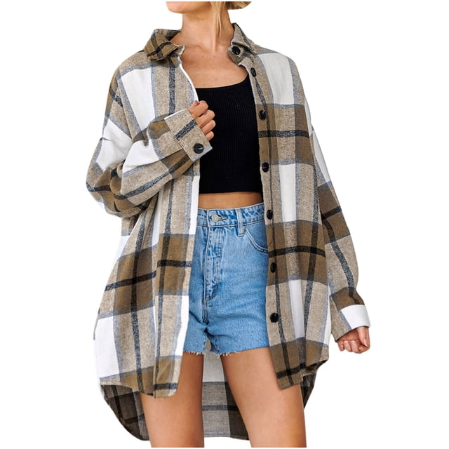 IROINID Surchemise pour Femmes, Veste à Manches Longues à Carreaux, Col Rabattu, Veste d'Hiver Ample