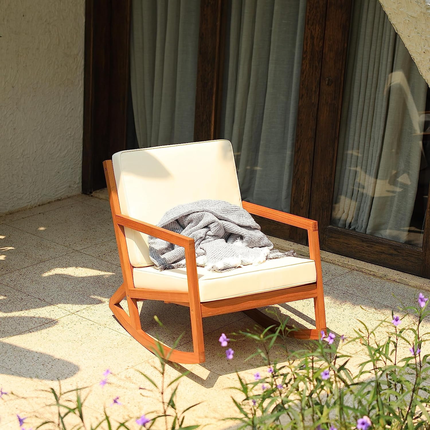 Patio Rocking Chairs with Premium Thick Cushion (Beige Version) - 500lbs Capacity