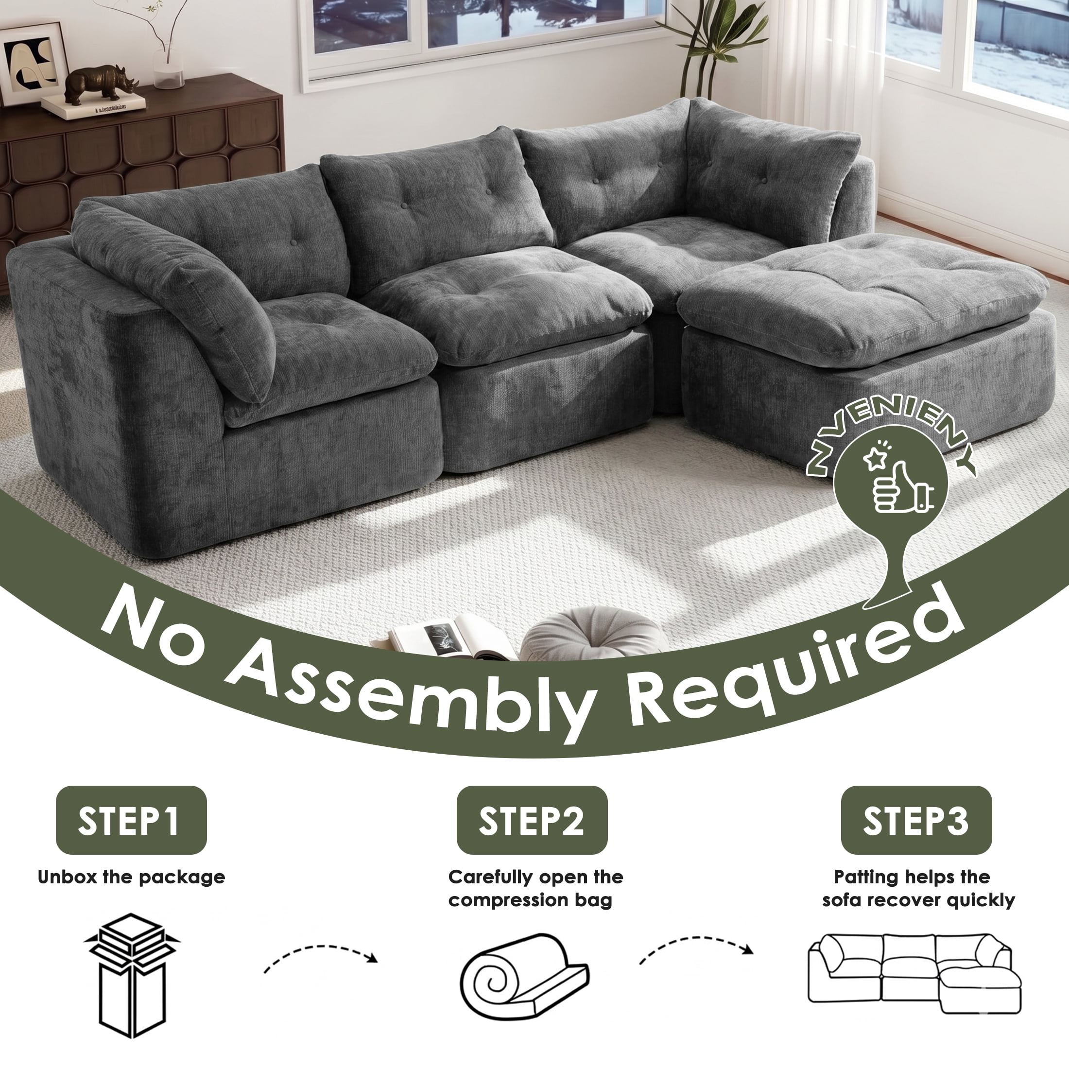 AISWORD Modular Sectional Sofa, Deep Seat Cloud Couch with Ottoman, 4-Seater Convertible L-Shaped Chenille Fabric Couch, Oversized Comfortable Frame-Free Set for Living Room, No Assembly, Grey