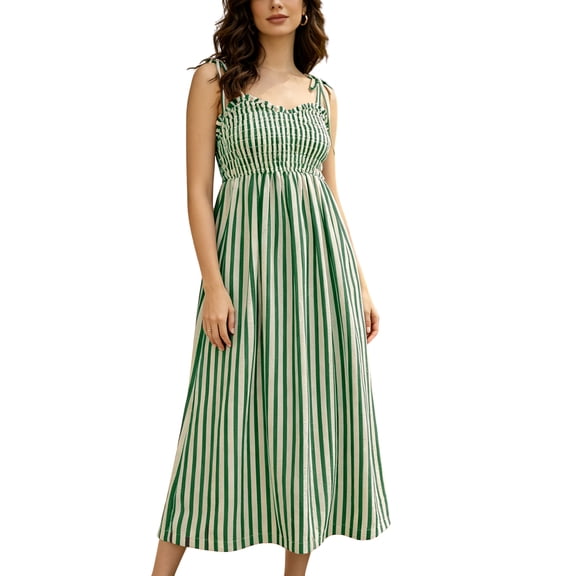 PUWEI Women's Casual Spaghetti Strap Dress Flowy Swing Boho Dress Stretchy Long Sundress with Side Pockets