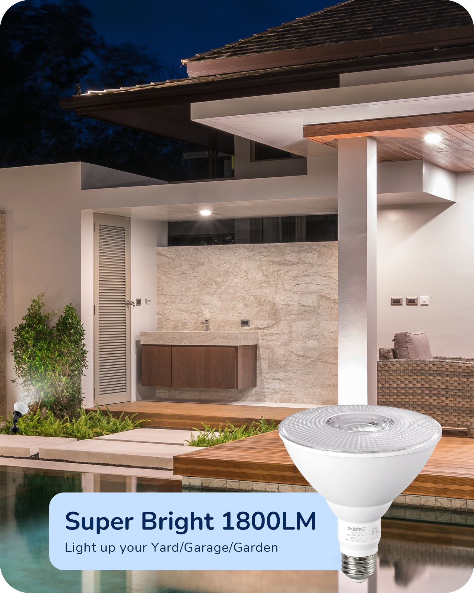 EDISHINE 6 Pack LED Par38 Outdoor Flood Light Bulbs, 18W (120W Equivalent), 5000K Daylight, Dimmable, Waterproof, E26 Base, 1800 Lumen for Yard Porch Driveway
