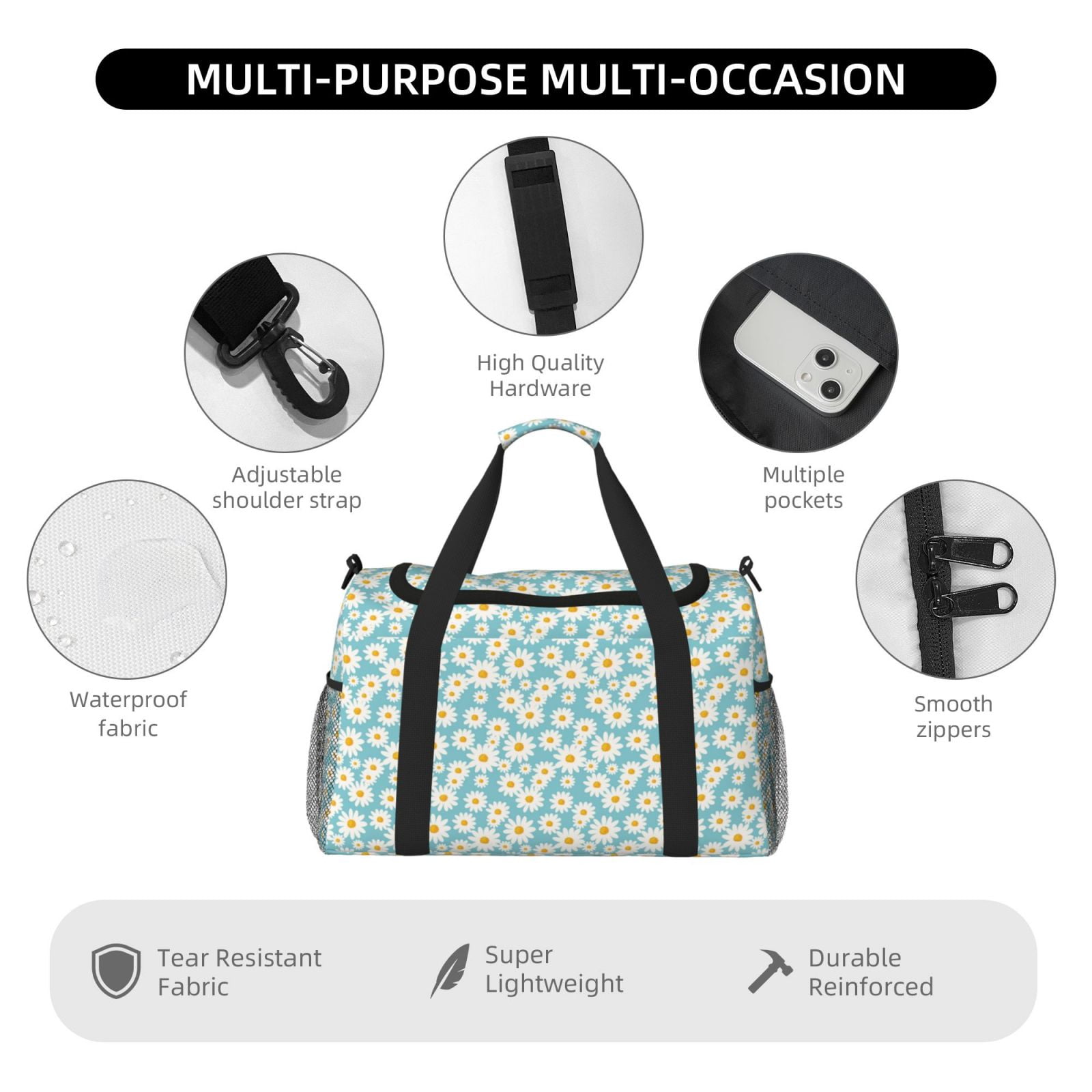 Fuzoiu Daisy Floral A Print Travel Duffle Bag,Carry On Tote Bags,Duffel Bag,Sport Gym Bag, Hospital Bag for Labor and Delivery, Overnight Bag,Luggage Bag