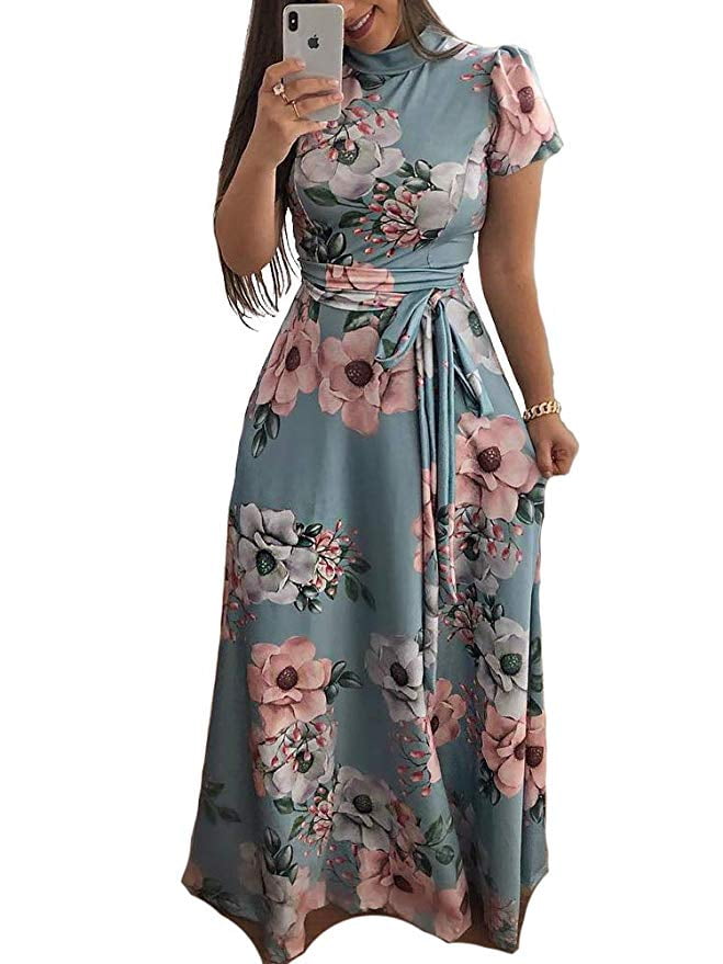 Women's Floral Maxi Dress Short Sleeve 