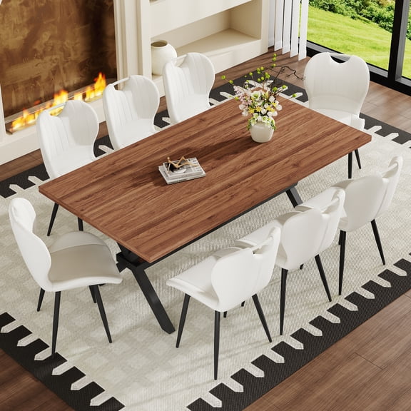 StnTalk 9 Piece Dining Table Set for 8, 71" Large Kitchen Table with Metal Cross Legs & Wide Seat PU Leather Chairs for Dining Room